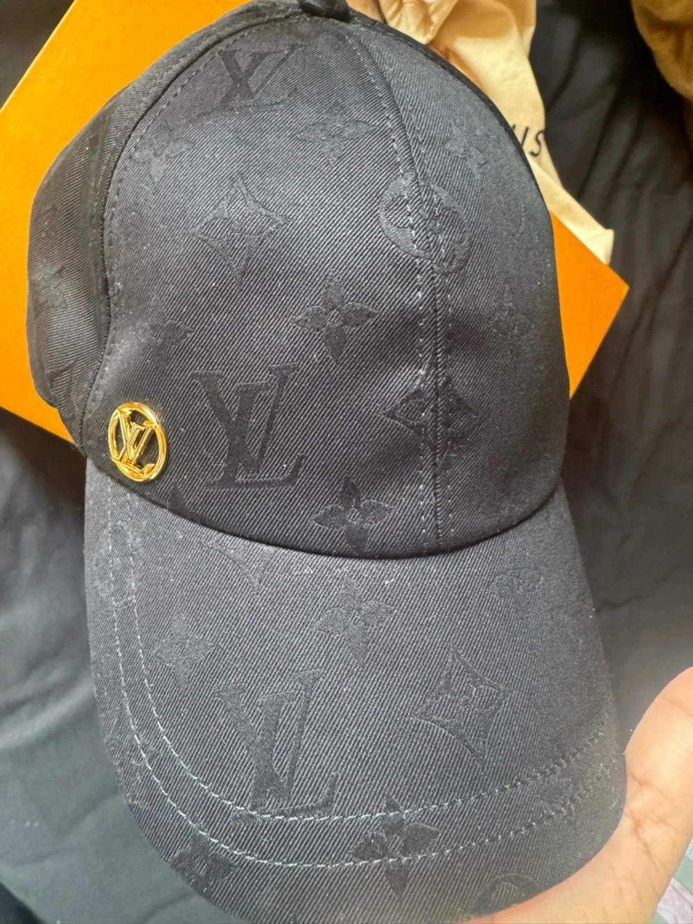Louis Vuitton Black Monogram Embossed Baseball Cap with Gold Pin - Picture 2 of 11